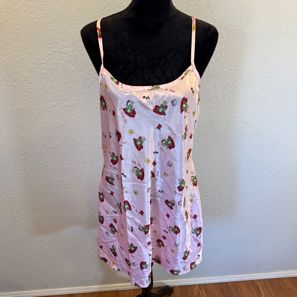 Kathryn Pink Frog Prince Satin Chemise Nightgown XL Heart Print Sleepwear